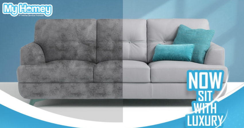 Before and after image of a sofa cleaned by Myhomey, showing a transformation from dirty to pristine condition