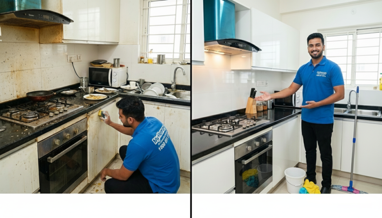 Before and after kitchen deep cleaning service in Kakkanad by My Homey