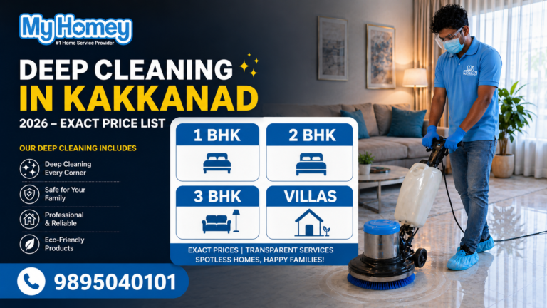 My Homey deep cleaning service poster for Kakkanad featuring 2026 exact price list for 1BHK, 2BHK, 3BHK, and Villas with professional home cleaning staff using floor scrubbing machine in a modern living room.